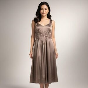 interlüd 100% silk dress, sweetheart neck, ruched bodice, stone grey, S